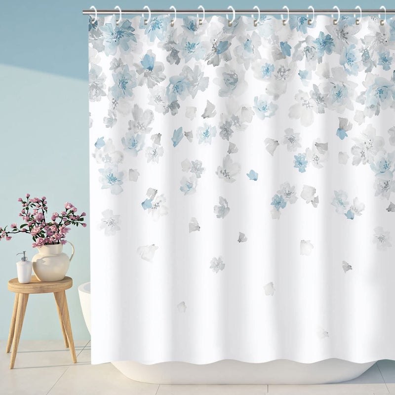 LIVILAN Floral Shower Curtain, Blue and Gray, Weeping Flower with 12 Hooks, Light Blue Simple for Bathroom, Light Grey Waterproof Decorative, 72" W x 72" H - Image 3
