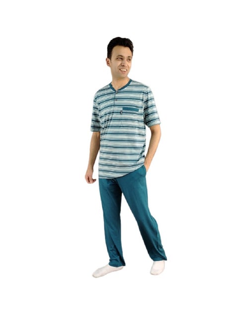 Men Summer Pajama Set Striped Top & Plain Bottom -Turquise