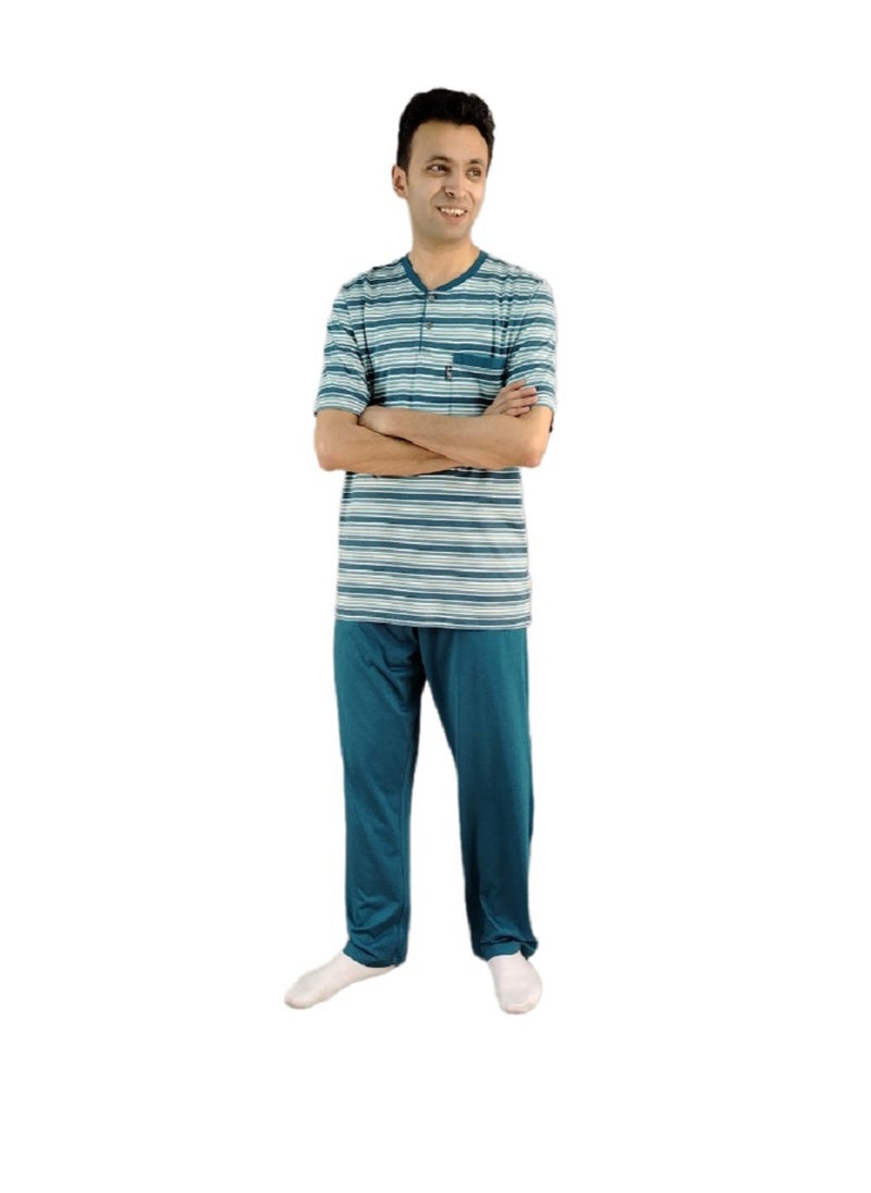 Men Summer Pajama Set Striped Top & Plain Bottom -Turquise