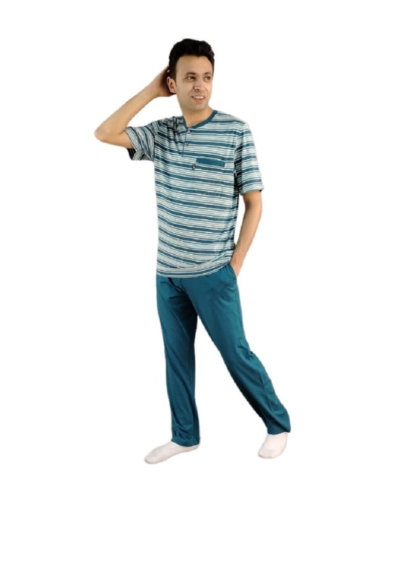 Men Summer Pajama Set Striped Top & Plain Bottom -Turquise