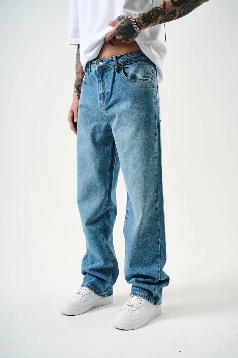 ريسباير بنطلون رجالي واسع (Baggy) مغسول، أزرق فاتح