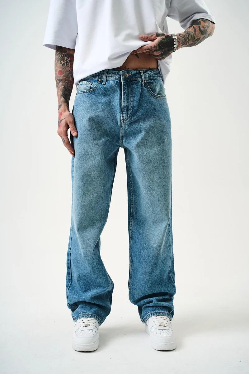 RESPIRE Men's Washed Baggy Trousers, Light Blue