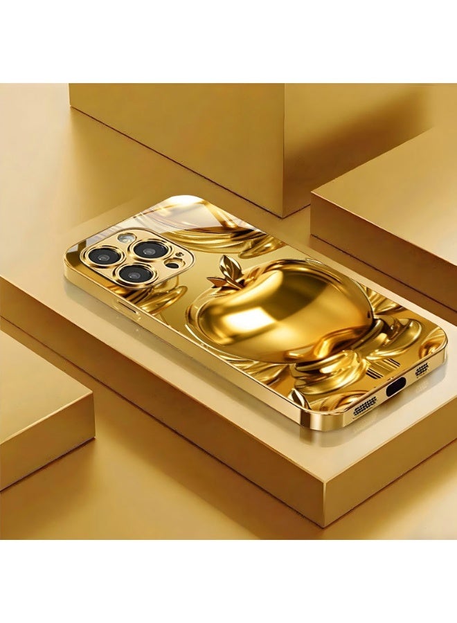 Premium 3D Golden Apple Electroplated Tempered Glass Phone Case for iPhone 14 Pro / 15 Pro / 16 Pro, Full Camera Lens Protection, Shockproof - Image 1