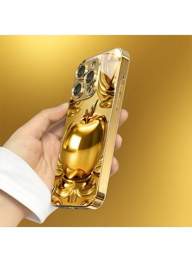 Premium 3D Golden Apple Electroplated Tempered Glass Phone Case for iPhone 14 Pro / 15 Pro / 16 Pro, Full Camera Lens Protection, Shockproof - Image 2