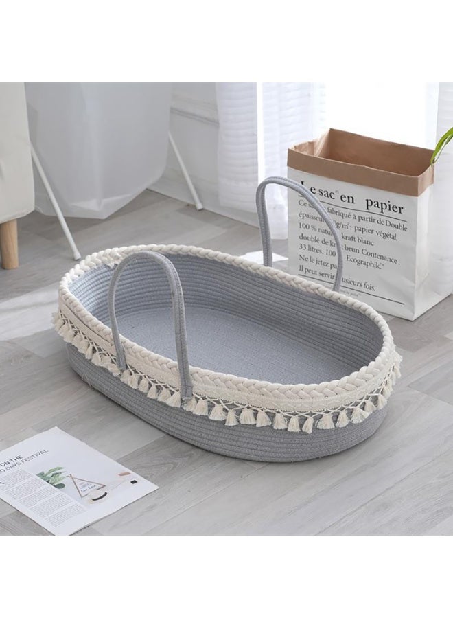 Baby Changing Basket with Removable Mattress, Handmade Woven 100% Cotton Rope Nursery Boho Moses Basket, Baby Shower Bassinet Changing Table Topper, 70x41x13CM (Gray White) - Image 1