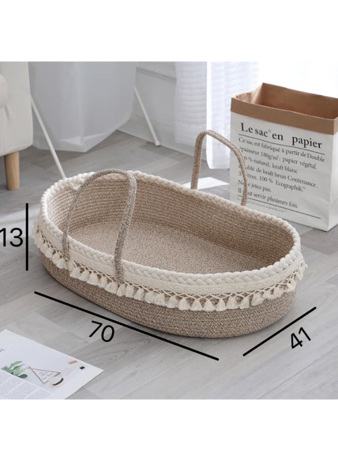 Baby Changing Basket with Removable Mattress, Handmade Woven 100% Cotton Rope Nursery Boho Moses Basket, Baby Shower Bassinet Changing Table Topper, 70x41x13CM (Gray White) - Image 3