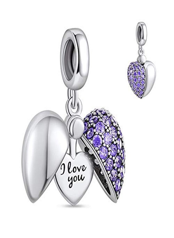 NINGAN “I Love You” Light Purple Love Heart Dange Charm 925 Sterling Silver Pendant Beads fit Bracelets & Necklaces, Birthday Gift for Women - Image 1
