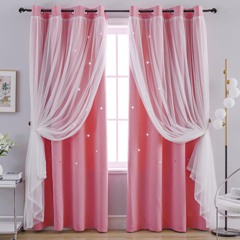 Anytime Star CutOut Blackout Curtains for Bedroom 2 Panels2Layers Mix Design of Fabric  TullePretty Pure Color Window Curtain for Kids RoomW52 x L63Pink