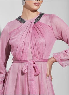 Namshi X Trendyol Embellished Neck Belted Tulle Dress  - Image 3