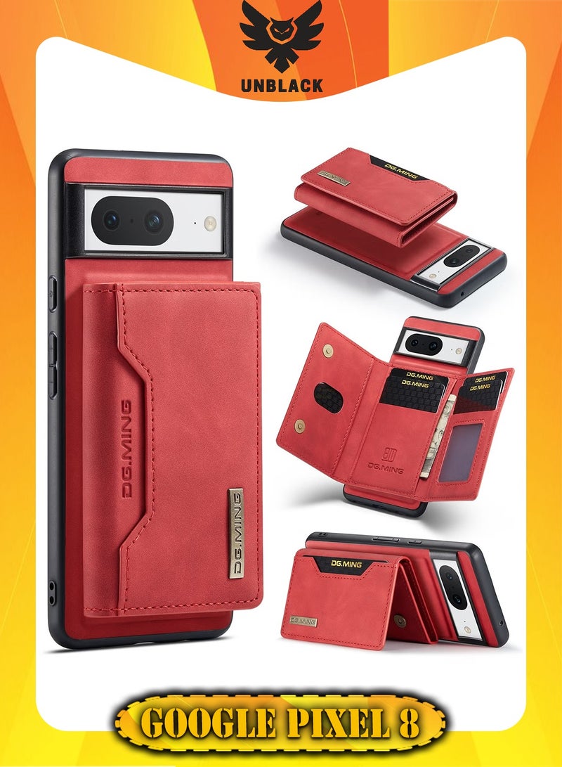 DGMING Wallet Case for Google Pixel 8, DG.MING Premium Leather Phone Case Back Cover Magnetic Detachable with Trifold Wallet Card Holder Pocket (Red)  - Image 1
