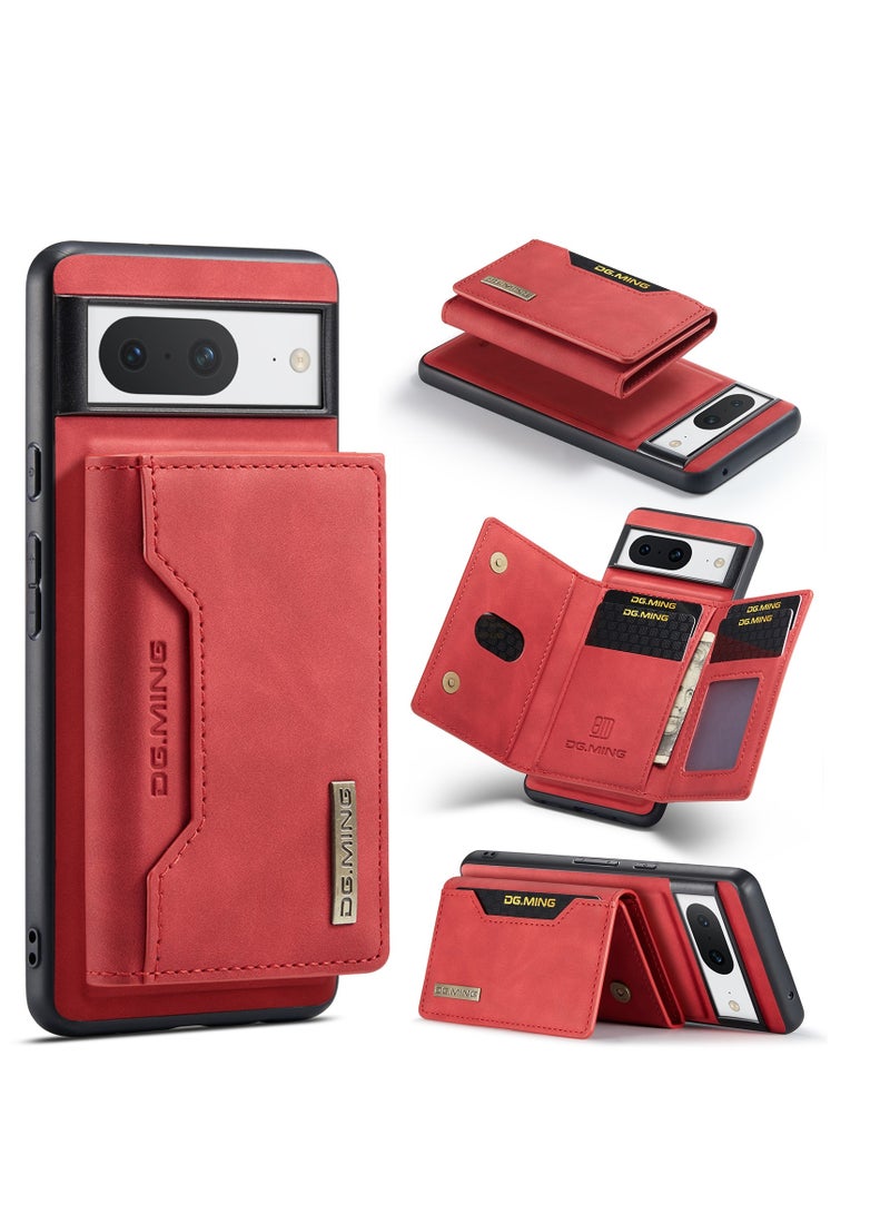DGMING Wallet Case for Google Pixel 8, DG.MING Premium Leather Phone Case Back Cover Magnetic Detachable with Trifold Wallet Card Holder Pocket (Red)  - Image 2