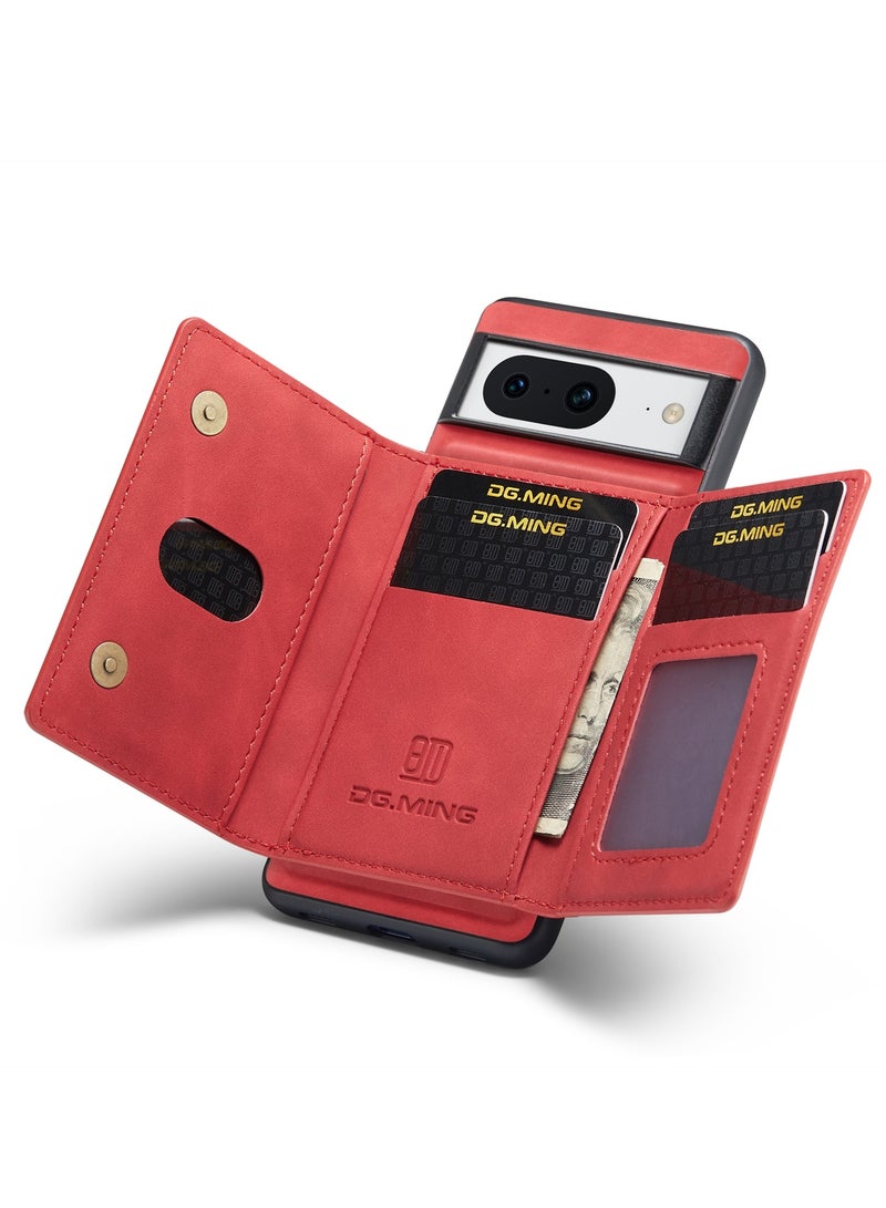 DGMING Wallet Case for Google Pixel 8, DG.MING Premium Leather Phone Case Back Cover Magnetic Detachable with Trifold Wallet Card Holder Pocket (Red)  - Image 5