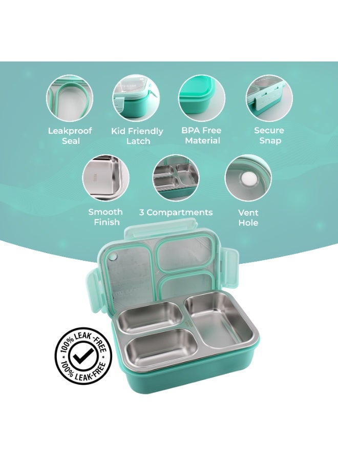 CRAVISTA Bento Lunch Boxes, Leak Proof Stainless Steel Lunch Box for Kids, BPA Free Bento Box for Kids and Adults | Tiffin Box for Office and School (Green, 620 ML, 3 Compartment) - Image 3