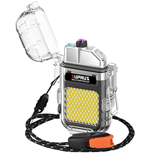 SUPRUS Waterproof 3 Modes of Flashlight Windproof Lighter Dual Arc Electric Rechargeable Dual Arc Plasma Lighter with Survival Emergency Whistle and Lanyard (Black) - Image 1