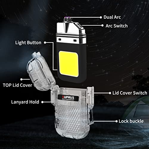 SUPRUS Waterproof 3 Modes of Flashlight Windproof Lighter Dual Arc Electric Rechargeable Dual Arc Plasma Lighter with Survival Emergency Whistle and Lanyard (Black) - Image 2