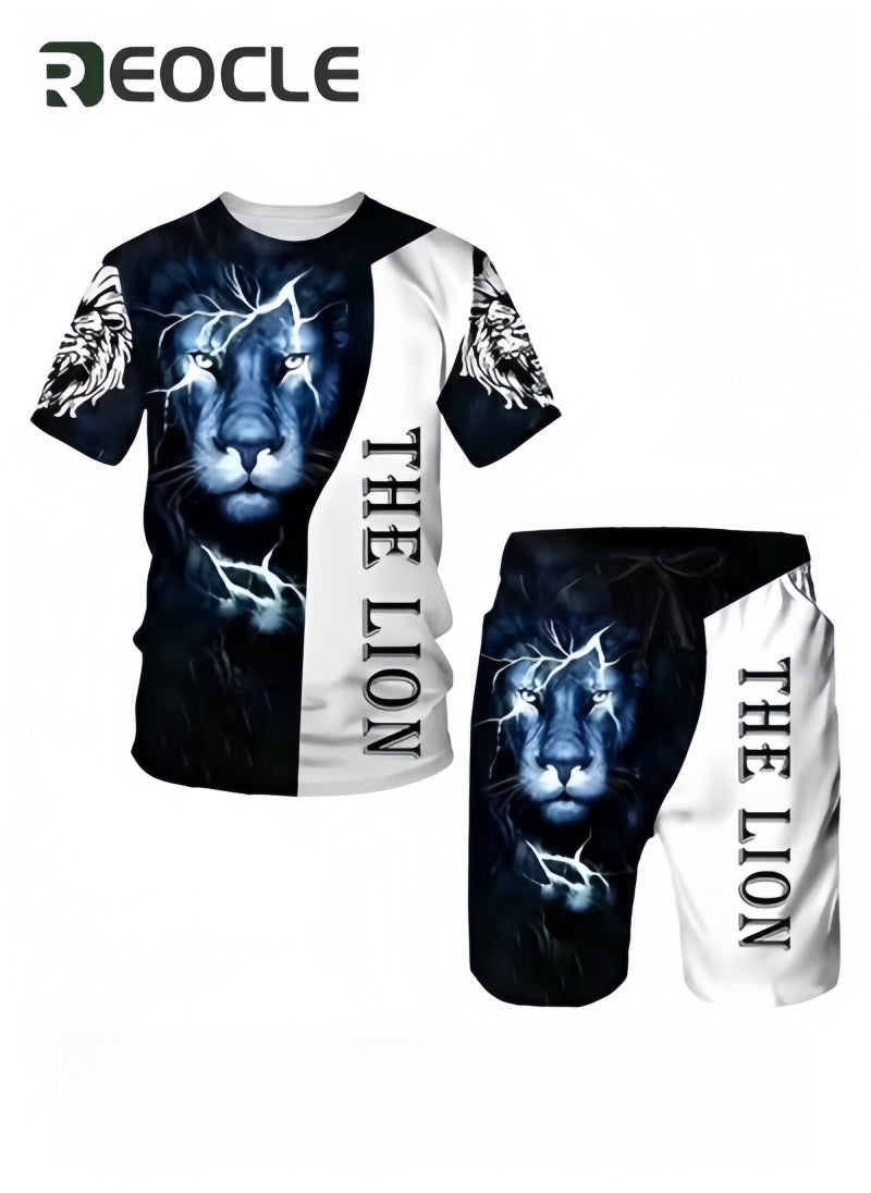 REOCLE Men's 2 Piece Outfits Shorts Tracksuit Real 3D Printed Casual Short Sleeve Crew Neck Suit Vacation Shirt and Shorts Sets - Image 2