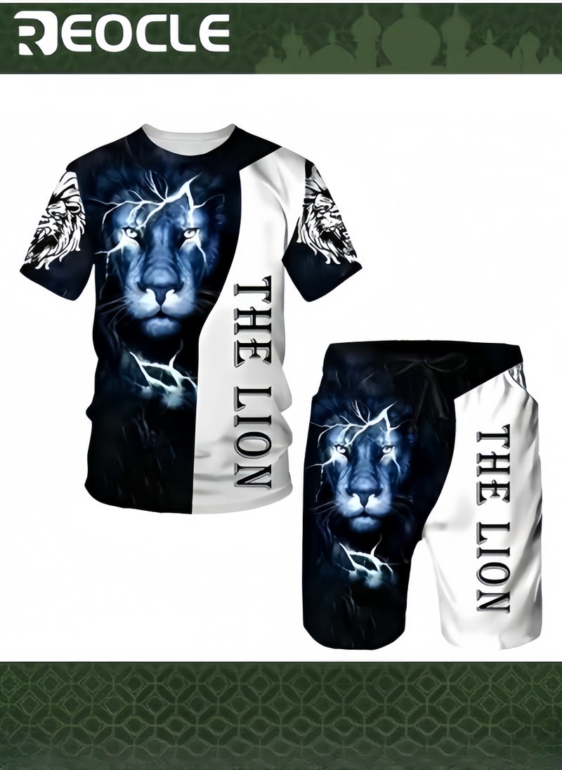 REOCLE Men's 2 Piece Outfits Shorts Tracksuit Real 3D Printed Casual Short Sleeve Crew Neck Suit Vacation Shirt and Shorts Sets - Image 1
