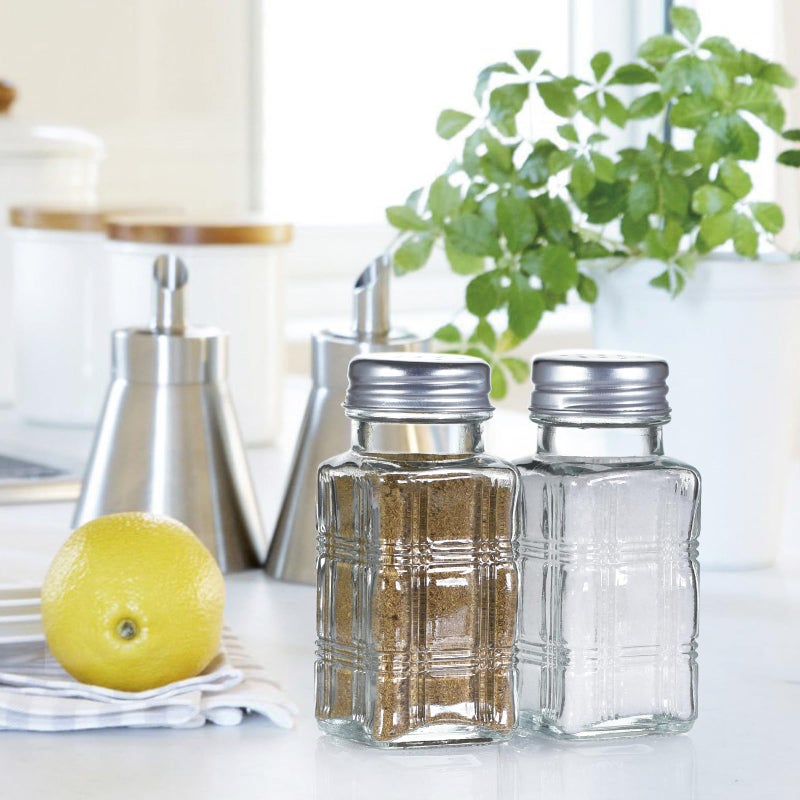 Wongblee 2 Pack Glass Salt and Pepper Shakers Set, Vintage Spice Shakers for Dining Room Table, Kitchen, Restaurant (Plaid Pattern) - Image 5