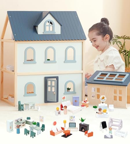 PairPear Large Wooden Dollhouse 3 Story Play House with 64 Pieces Furniture Accessories Garage Pretend Play Family Dollhouse Gift for Kids 3 - Image 1