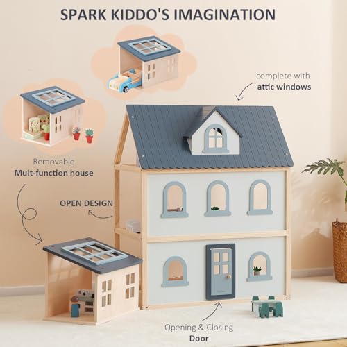 PairPear Large Wooden Dollhouse 3 Story Play House with 64 Pieces Furniture Accessories Garage Pretend Play Family Dollhouse Gift for Kids 3 - Image 5