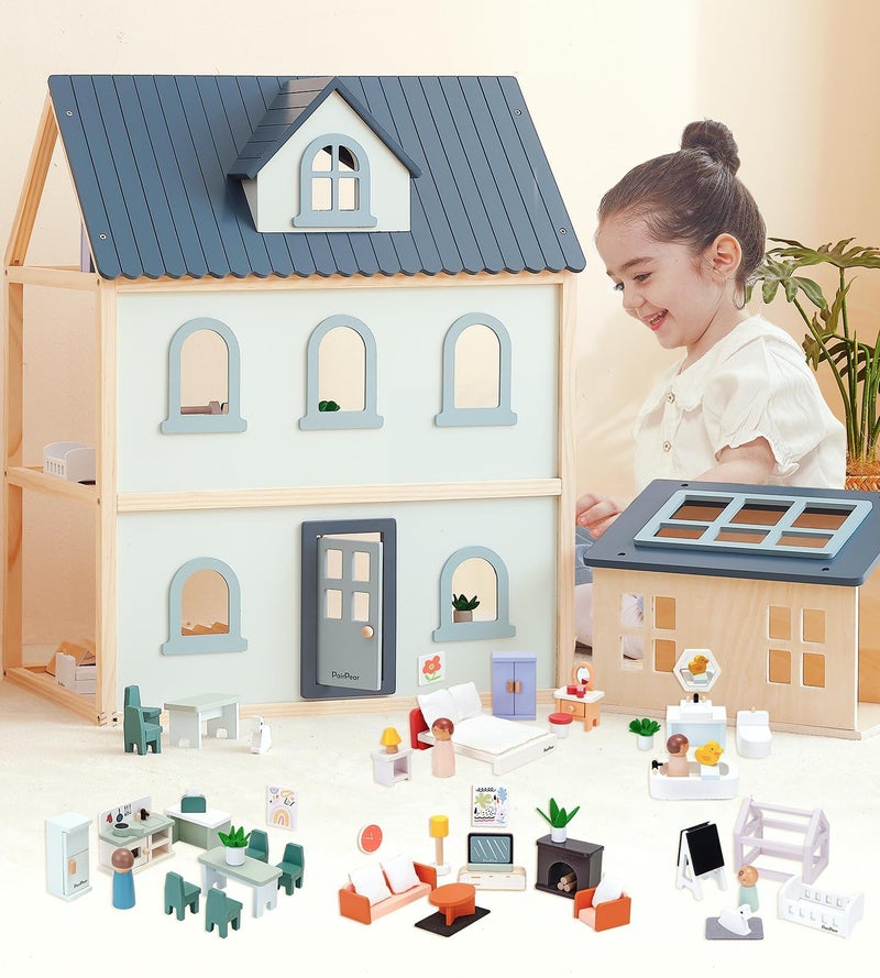 PairPear Large Wooden Dollhouse 3 Story Play House with 64 Pieces Furniture Accessories Garage Pretend Play Family Dollhouse Gift for Kids 3 - Image 3