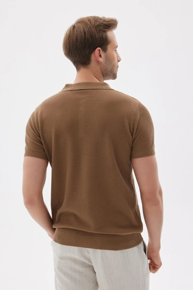 Odelon Men's Polo Neck Jacquard Knitwear T-Shirt Brown