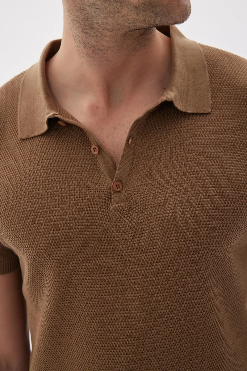 Odelon Men's Polo Neck Jacquard Knitwear T-Shirt Brown