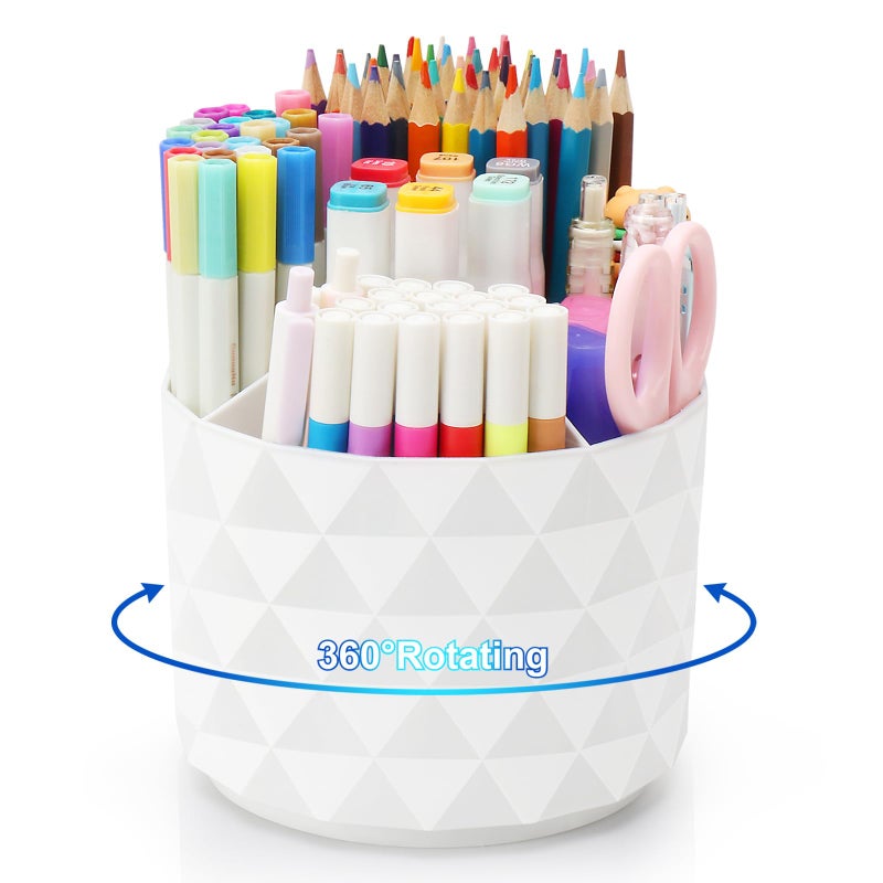 Nuozme Desk Organizer, 360-Degree Rotating Pencil Pen Holders For Desk, Diamond Pattern Pen Organizer With 5 Compartments, Cute Desk Accessories Decor For Office, School,Home,Art Supply (White) - Image 1