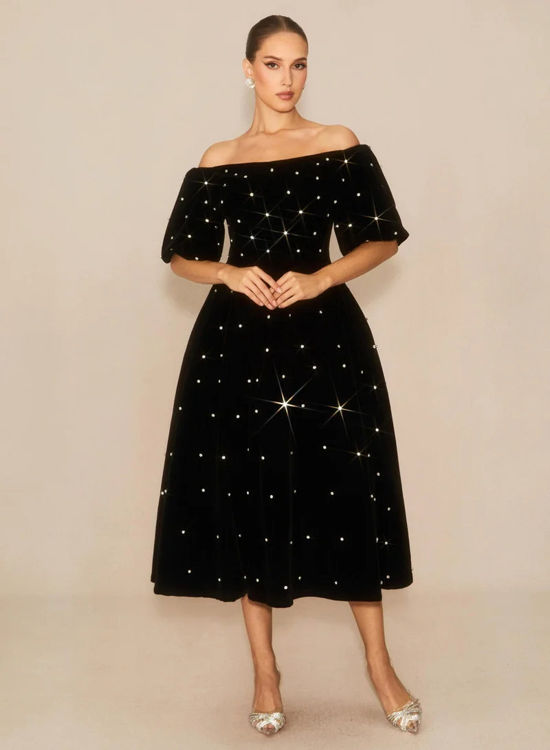 Sunfere  Marvelous Radiance Black Off Shoulder Velvet Midi Dress for Women | Best Price UAE