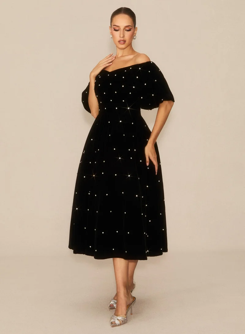 Sunfere  Marvelous Radiance Black Off Shoulder Velvet Midi Dress for Women | Best Price UAE