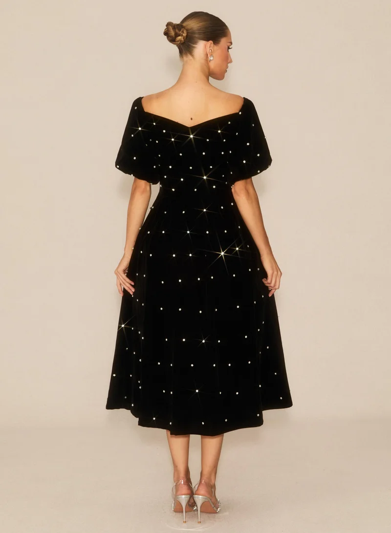 Sunfere  Marvelous Radiance Black Off Shoulder Velvet Midi Dress for Women | Best Price UAE