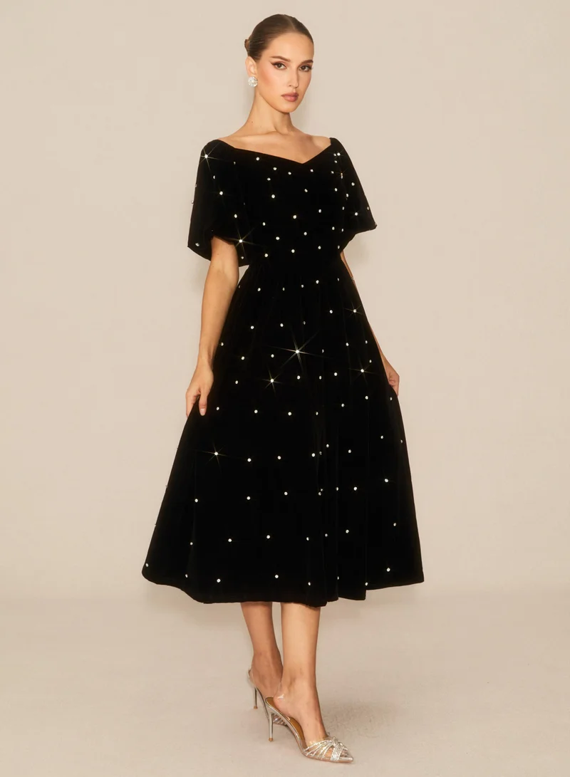 Sunfere  Marvelous Radiance Black Off Shoulder Velvet Midi Dress for Women | Best Price UAE