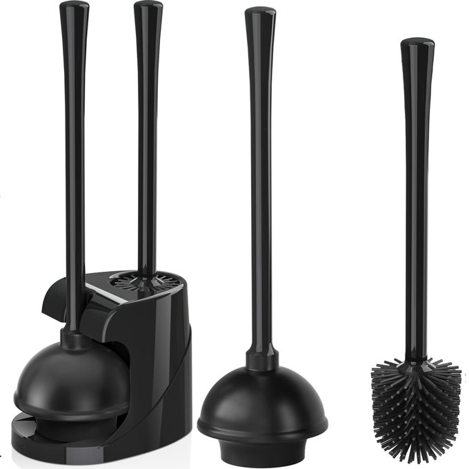 TOILET PLUNGER AND BRUSH SET SILICONE TOILET BRUSH AND PLUNGER WITH HOLDER FOR 57INCH TOILET DRAIN 2IN1 TOILET BRUSH PLUNGER COMBO WITH CADDY STAND BLACK