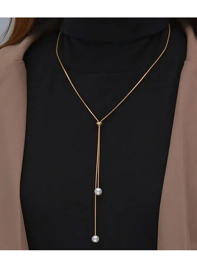 Home Clearance Sale Long Pull Adjustable Pearl Necklace Alloy Jewelry Bohemian Elegant Style For Women Winter Sweater Chain - Image 1