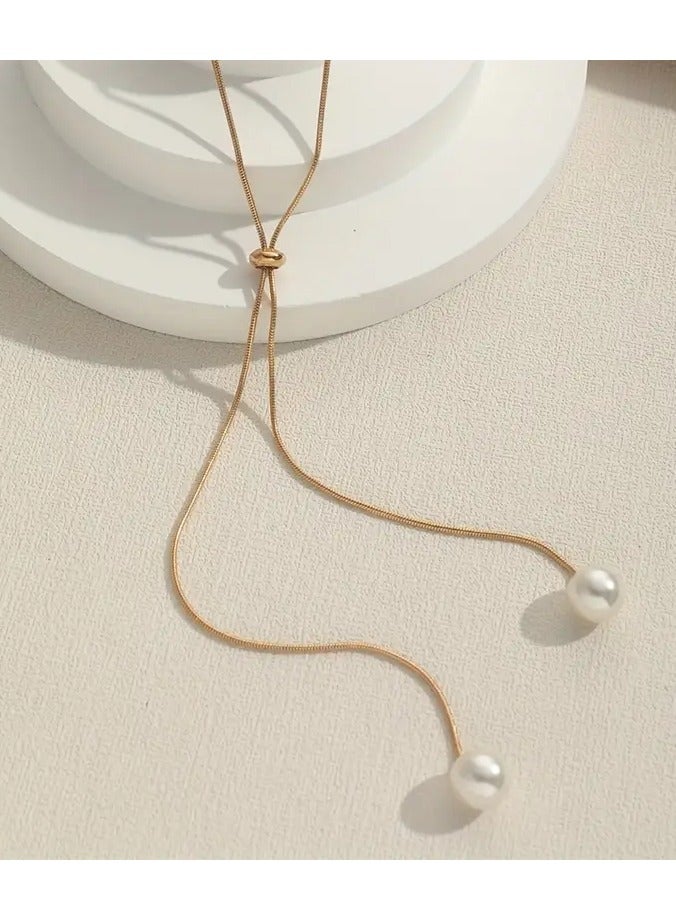 Home Clearance Sale Long Pull Adjustable Pearl Necklace Alloy Jewelry Bohemian Elegant Style For Women Winter Sweater Chain - Image 4
