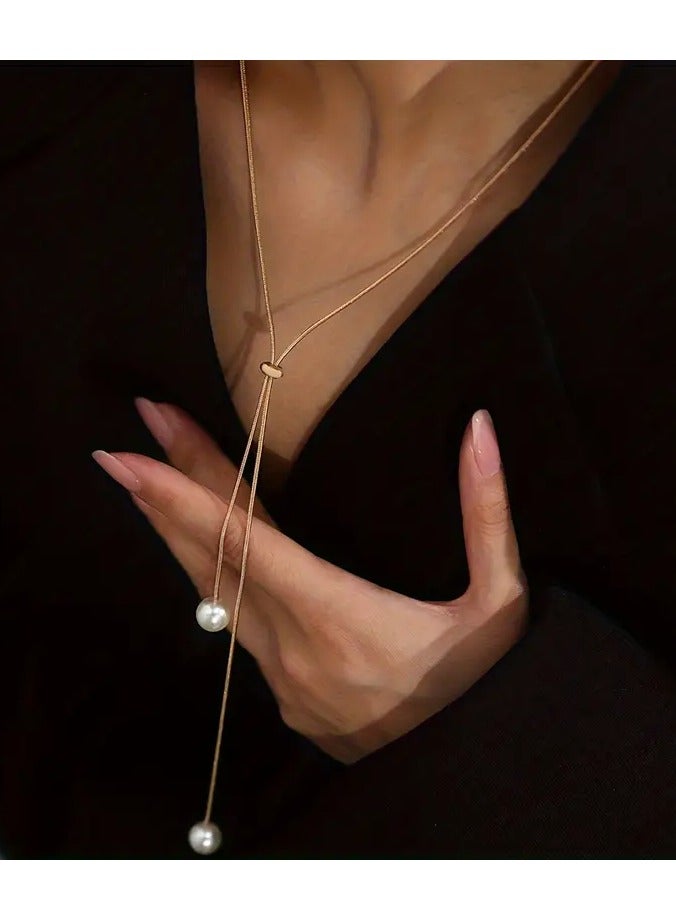 Home Clearance Sale Long Pull Adjustable Pearl Necklace Alloy Jewelry Bohemian Elegant Style For Women Winter Sweater Chain - Image 5