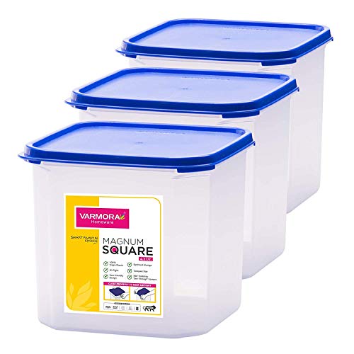 Varmora Magnum Plastic Square Smart Kitchen Storage Container Lid (2.8 L, Blue, Transparent, Pack of 3) - Image 3