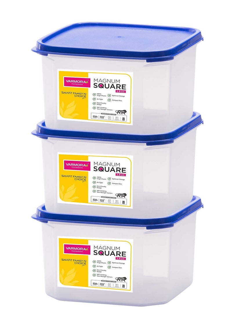 Varmora Magnum Plastic Square Smart Kitchen Storage Container Lid (2.8 L, Blue, Transparent, Pack of 3) - Image 1
