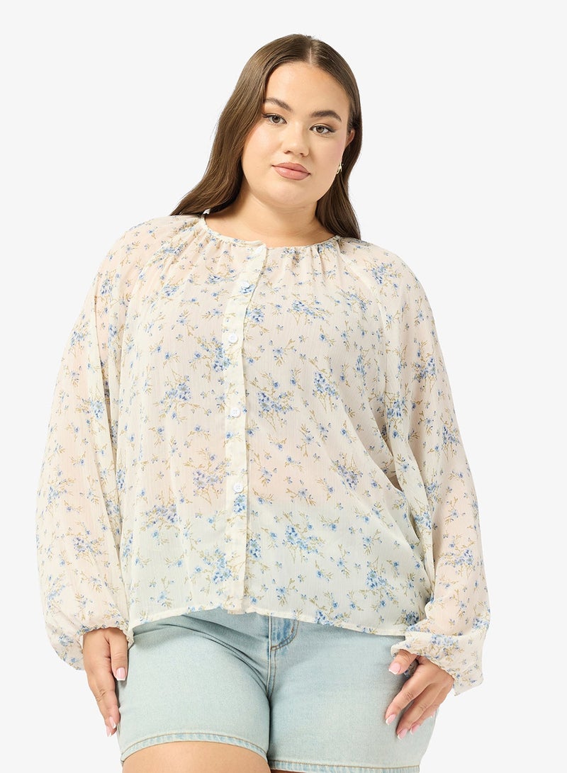 جينجر بلس بلوزة بأزرار مزينة بالزهور - Image 1