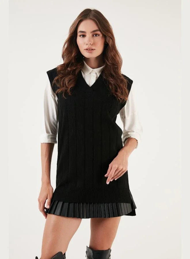 ليلا ليلى سترة محبوكة طويلة الظهر بياقة على شكل حرف  للنساء