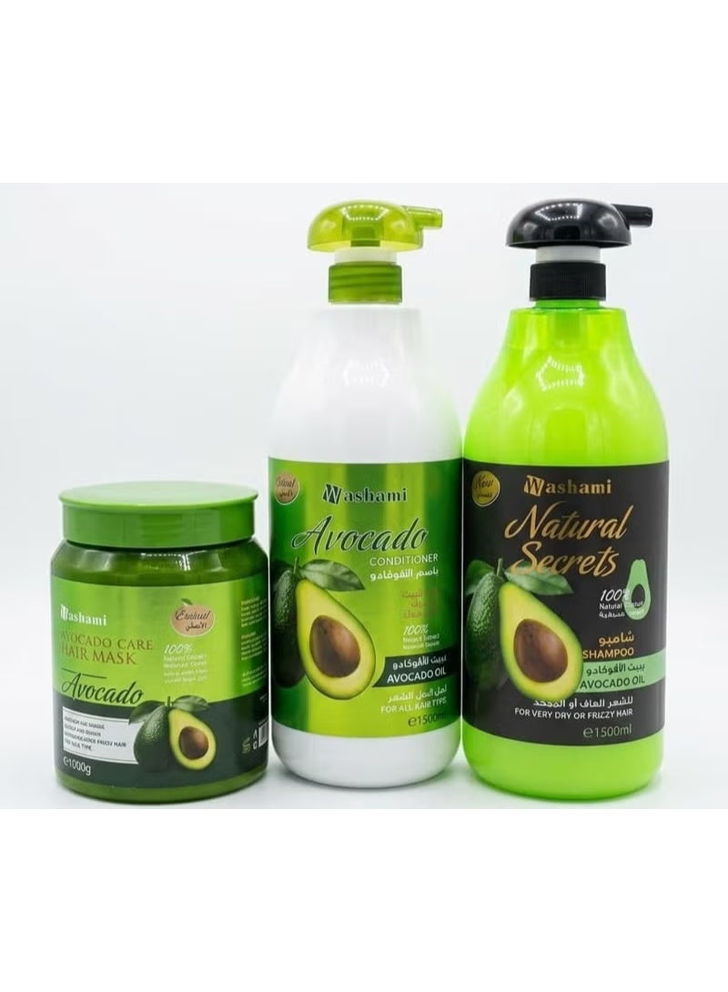 A natural avocado hair care set for dry and frizzy hair: Shampoo 1500ml - Conditioner 1500ml - Hair Mask 100g