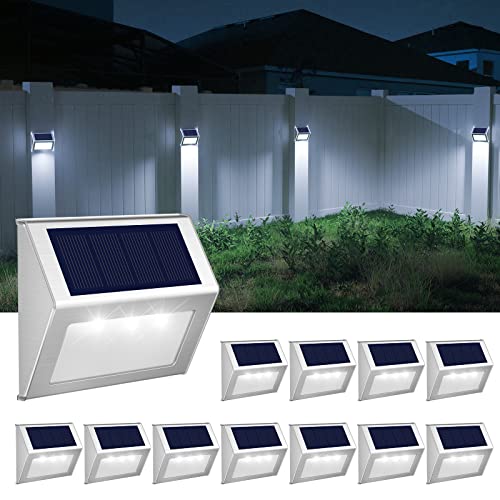 JSOT Outdoor Fence Lights,12 Pack Solar Powered Deck Lights Waterproof Stairs Light Stainless Steel Security Wall Lamps for Step Walkway Patio Garden Pathway - Cool White - Image 1