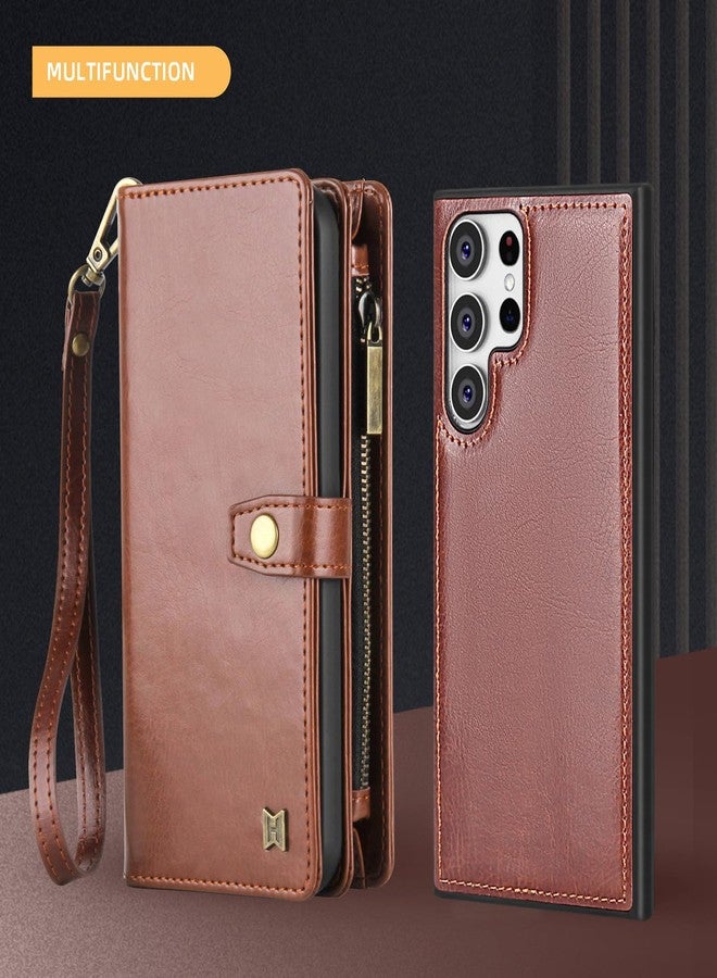Asuwish Phone Case for Samsung Galaxy S24 Ultra 5G Zipper Wallet Detachable Cover with Screen Protector and Flip Card Holder Slot Wrist Strap Lanyard Cell S24Ultra 24S S 24 24Ultra X24 Women Men Brown - Image 5