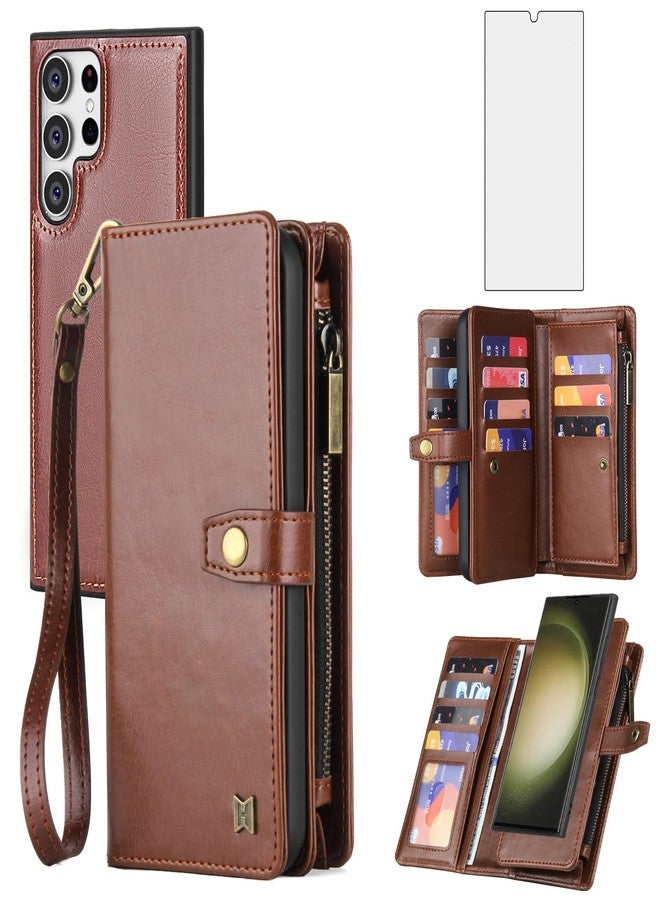 Asuwish Phone Case for Samsung Galaxy S24 Ultra 5G Zipper Wallet Detachable Cover with Screen Protector and Flip Card Holder Slot Wrist Strap Lanyard Cell S24Ultra 24S S 24 24Ultra X24 Women Men Brown - Image 1