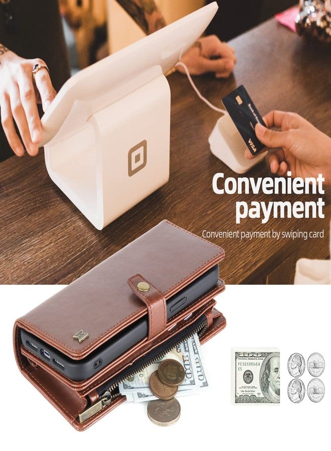 Asuwish Phone Case for Samsung Galaxy S24 Ultra 5G Zipper Wallet Detachable Cover with Screen Protector and Flip Card Holder Slot Wrist Strap Lanyard Cell S24Ultra 24S S 24 24Ultra X24 Women Men Brown - Image 4