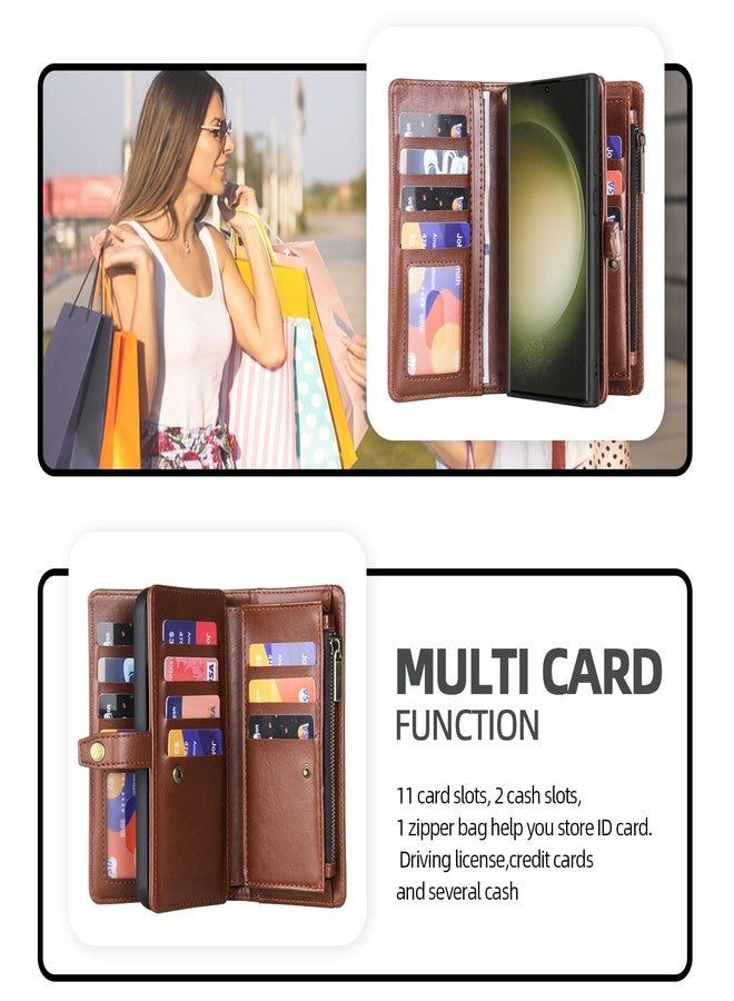 Asuwish Phone Case for Samsung Galaxy S24 Ultra 5G Zipper Wallet Detachable Cover with Screen Protector and Flip Card Holder Slot Wrist Strap Lanyard Cell S24Ultra 24S S 24 24Ultra X24 Women Men Brown - Image 3