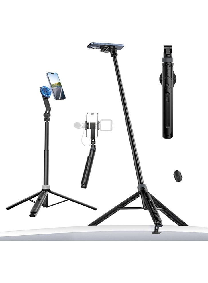 Ulanzi ULANZI TT88 Magnetic Tripod for iPhone, 57" Extendable Selfie Stick with Remote, 2-in-1 Phone Clip & Dual Cold Shoe Mounts - Lightweight Phone Tripod Stand for Vlogging, Travel, Video Recording, Black - Image 1