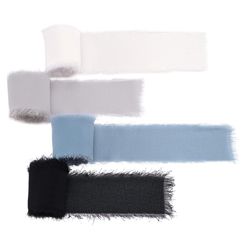 DreamBuilt Handmade Fringe Chiffon SilkLike Ribbon 15 x 3Yd Blue Shade Ribbons Sample Swatch Chart for Wedding Invitations Bouquets Gift WrappingBlackDusty BlueGreyIvory