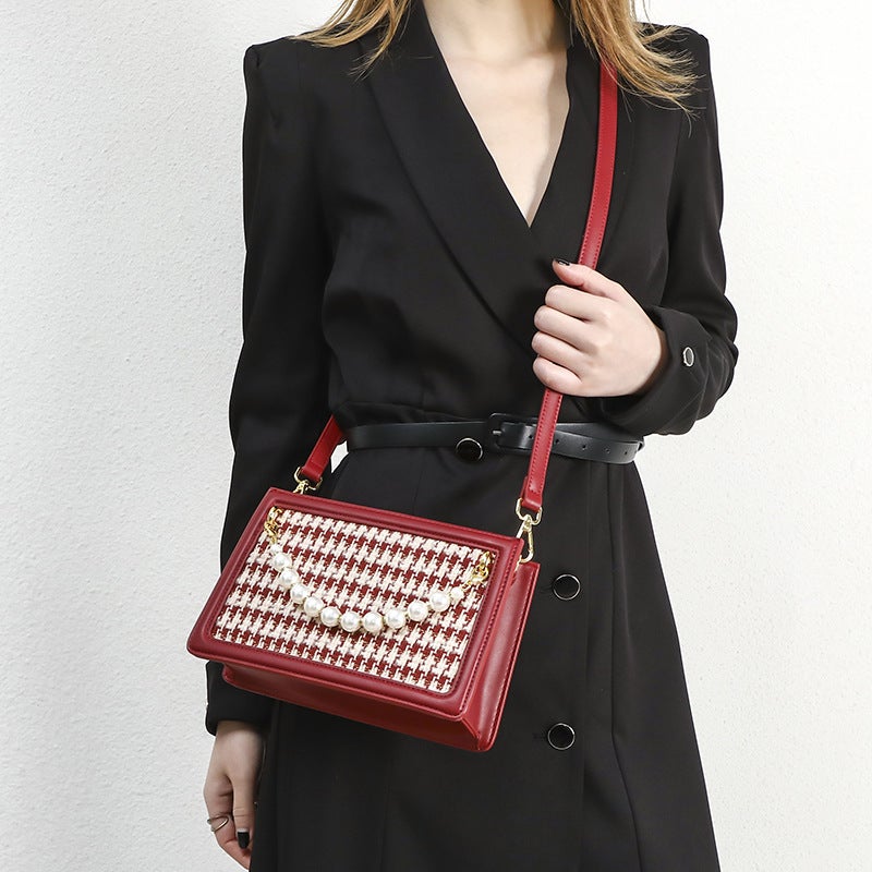 Wedding Bag Niche High-End Red Houndstooth French Wedding Bridal Bag Women'S Shoulder Crossbody Bag - Image 1