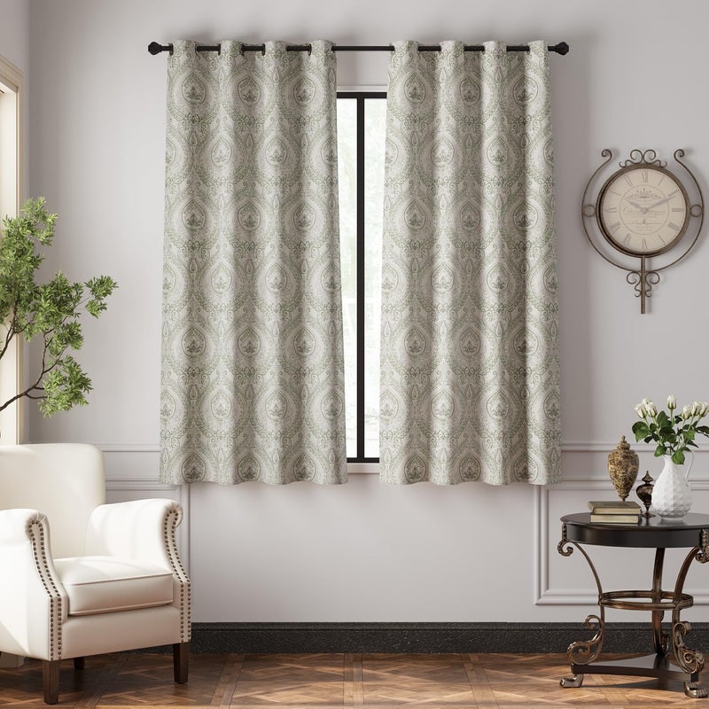 jinchan Linen Textured Curtains for Living Room Darkening 63 Inch Length, Medallion Drapes for Bedroom, Damask Pattern Window Treatments Vintage Curtain Panels, 2 Panels Sage Green on Greige - Image 2